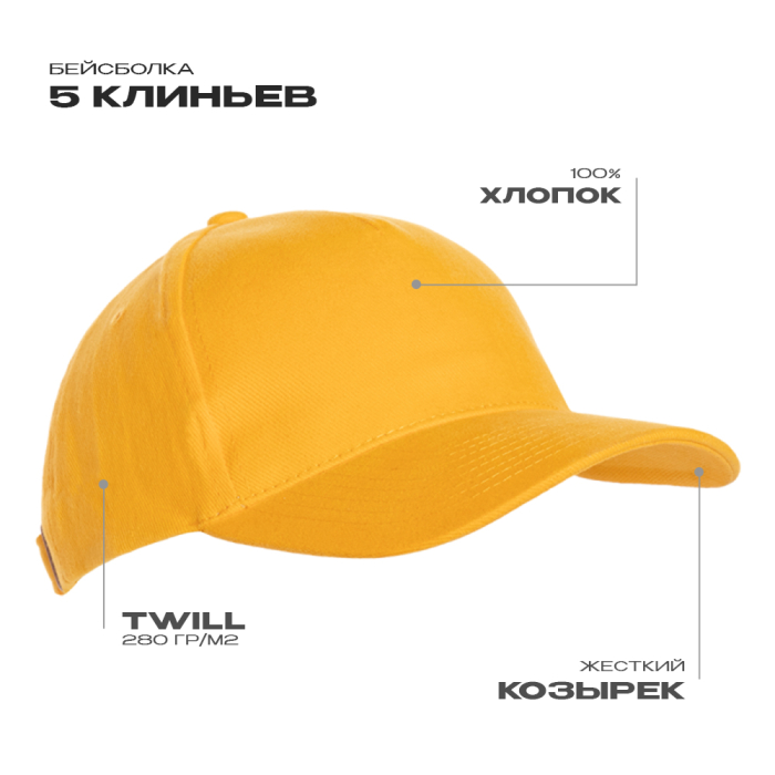 Бейсболка STAN 5 клиньев полиэстер 150, 10P, Жёлтый (12) (ONE SIZE)