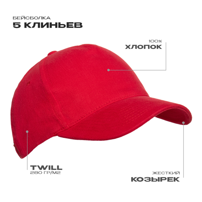 Бейсболка STAN 5 клиньев полиэстер 150, 10P, Красный (14) (ONE SIZE)