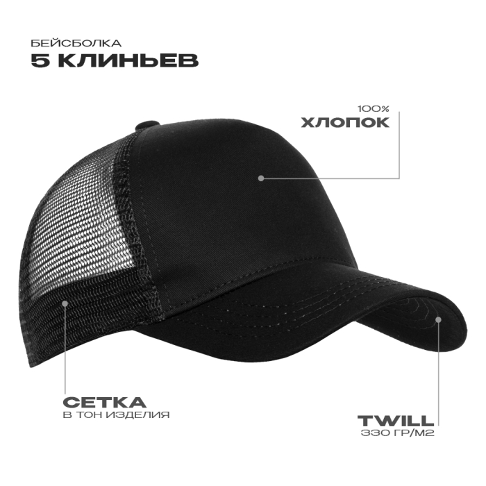 Бейсболка STAN 5 клиньев полиэстер 150, 10P, Чёрный (20) (ONE SIZE)