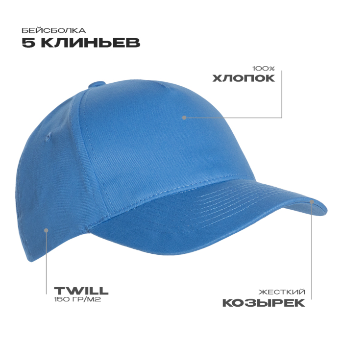 Бейсболка STAN 5 клиньев хлопок 150, 10L , Голубой (76) (ONE SIZE)
