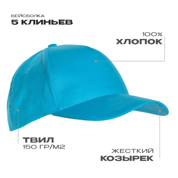 Бейсболка STAN 5 клиньев хлопок 150, 10L , Бирюзовый (32) (Единый размер)