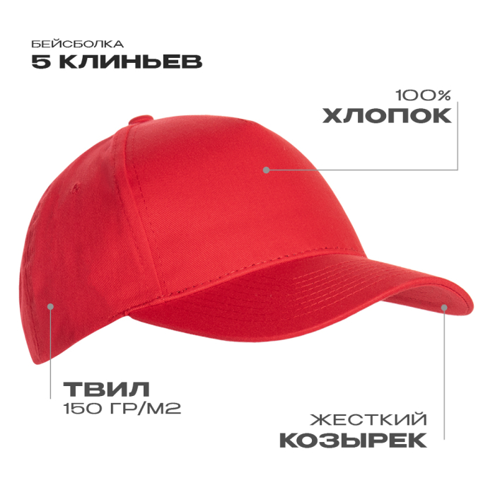 Бейсболка STAN 5 клиньев хлопок 150, 10L , Красный (14) (Единый размер)