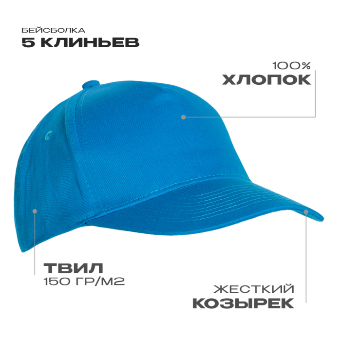 Бейсболка STAN 5 клиньев хлопок 150, 10L , Лазурный (40) (Единый размер)