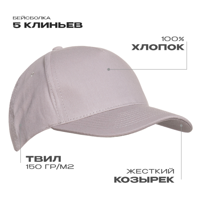 Бейсболка STAN 5 клиньев хлопок 150, 10L , С-серый (72) (Единый размер)