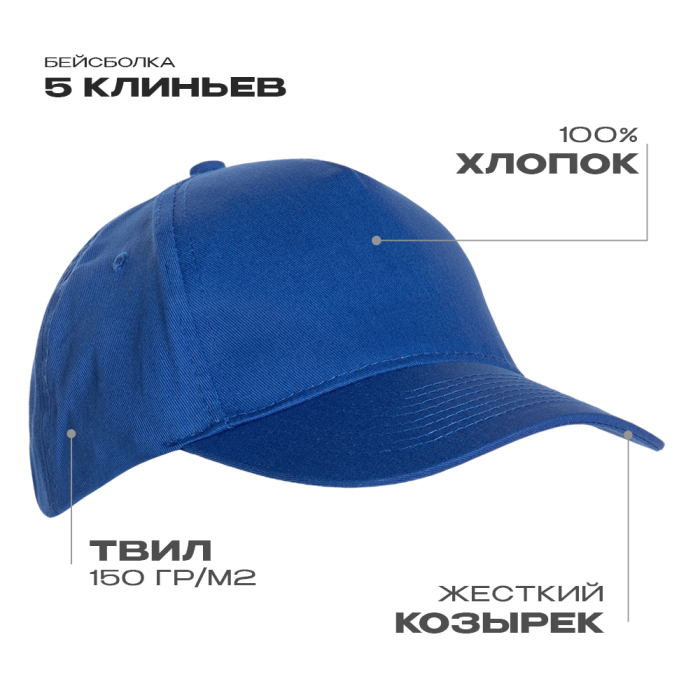 Бейсболка STAN 5 клиньев хлопок 150, 10L , Синий (16) (Единый размер)