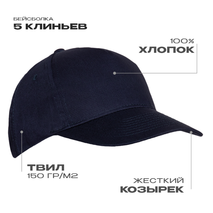 Бейсболка STAN 5 клиньев хлопок 150, 10L , Т-синий (46) (Единый размер)