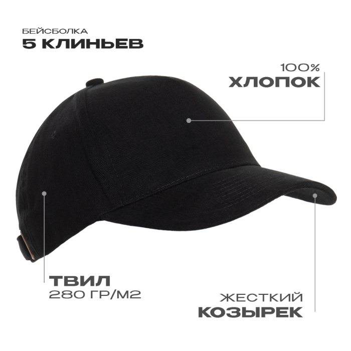 Бейсболка STAN 5 клиньев хлопок 280, 11, Чёрный (20) (Единый размер)