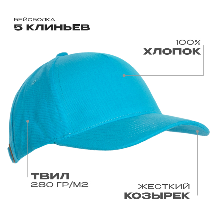 Бейсболка STAN 5 клиньев хлопок 280,03, Бирюзовый (32) (Единый размер)