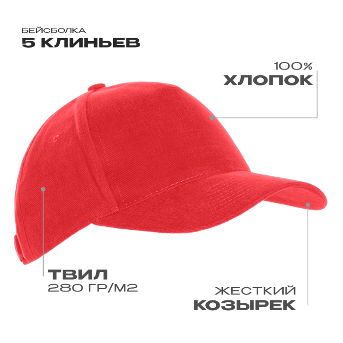 Бейсболка STAN 5 клиньев хлопок 280,03, Красный (14) (Единый размер)