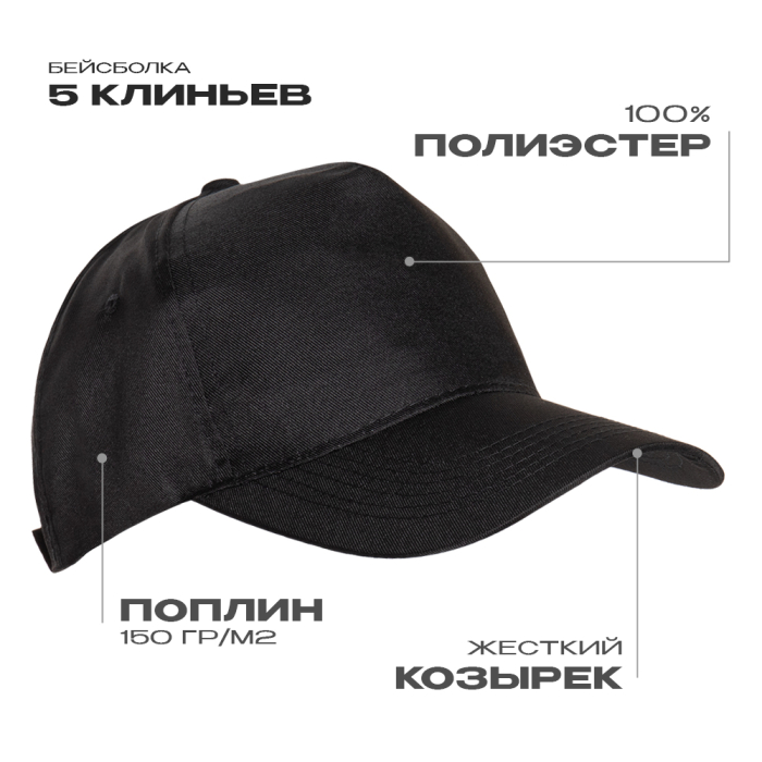 Бейсболка STAN 5 клиньев полиэстер 150, 10P, Чёрный (20) (Единый размер)