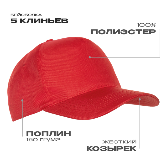 Бейсболка STAN 5 клиньев полиэстер 150, 10P, Красный (14) (Единый размер)