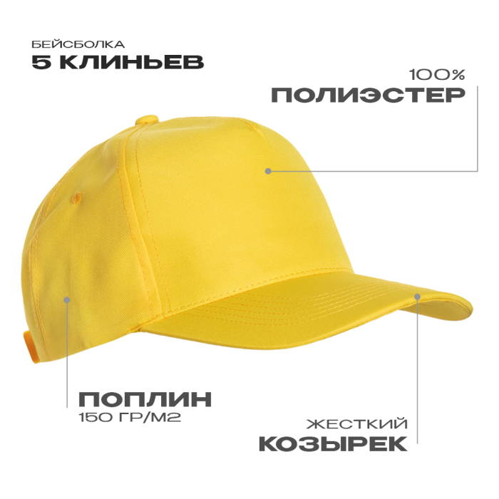 Бейсболка STAN 5 клиньев полиэстер 150, 10P, Жёлтый (12) (Единый размер)